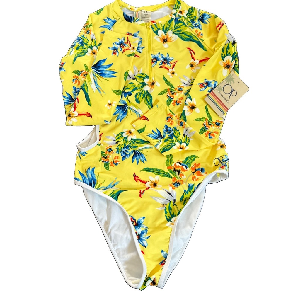 NWT Ocean Pacific OPTR22209 Women's Sz M Tropicana Print Long Sleeve Swimsuit